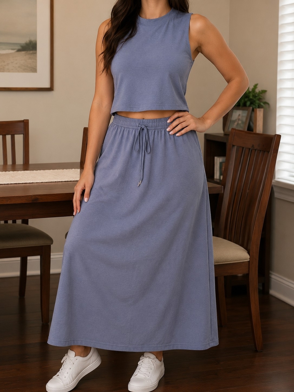 Casual 2 PIECE Top & Skirt Drawstring Waist - Dusty Blue Size M